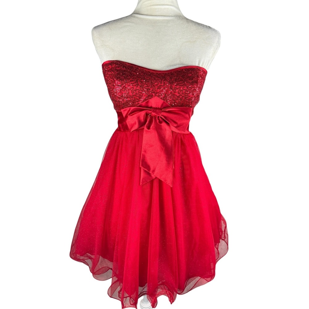 Deb Red Strapless Formal Party Dress Size 9 10 Y2K Sequins Tulle McBling Hoco